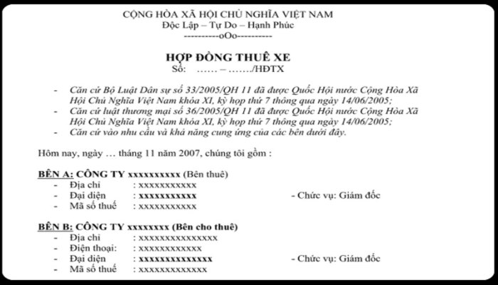 Mẫu Hợp Đồng Dịch Vụ Thuê Xe Du Lịch Mới