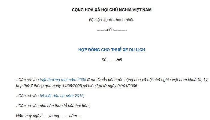 Hợp đồng thuê xe du lịch (4 - 45 chỗ)