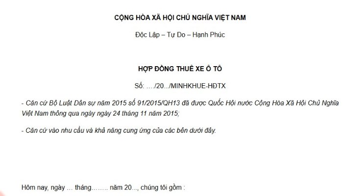 Hợp đồng thuê xe tự lái